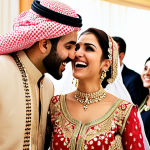 **Event Photography:** A professional photographer capturing a joyful moment at a vibrant Arabic wedding. Focus on the emotions, intricate details of the traditional attire, and the overall celebratory atmosphere. Style: Realistic, high-resolution, natural lighting.