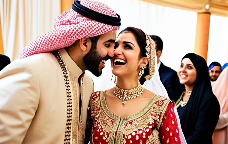 **Event Photography:** A professional photographer capturing a joyful moment at a vibrant Arabic wedding. Focus on the emotions, intricate details of the traditional attire, and the overall celebratory atmosphere. Style: Realistic, high-resolution, natural lighting.