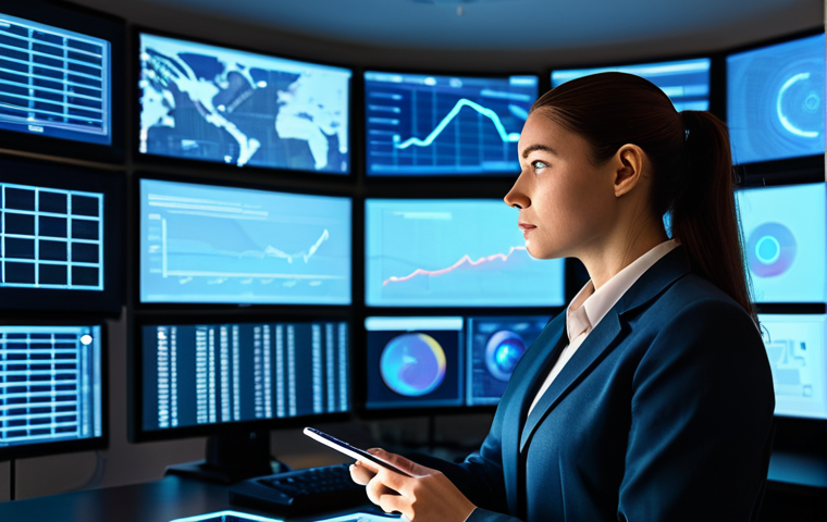 A professional, thoughtful woman in a modest business suit, observing multiple holographic digital screens displaying abstract data and protected digital images. Her expression is serious and focused, conveying a sense of expertise in intellectual property. A stylized, glowing shield icon subtly appears on one of the screens, symbolizing digital content protection. The background is a clean, modern tech office with subtle light reflections. The overall mood is sophisticated and secure. fully clothed, appropriate attire, safe for work, professional, perfect anatomy, correct proportions, natural pose, well-formed hands, proper finger count, natural body proportions, professional photography, high quality.