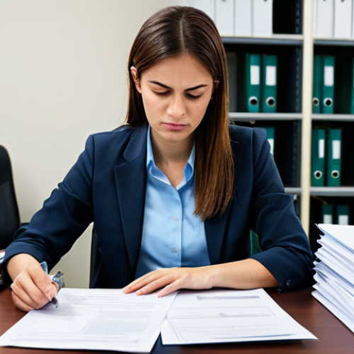 Home 21 A professional photographer, fully clothed in modest business casual attire, seated at a desk in a government office. They are carefully examining a stack of official documents and permits, with a focused and determined expression. The desk is cluttered with paperwork, hinting at administrative challenges. The background shows blurred office elements like filing cabinets and a computer, suggesting a bureaucratic environment. Perfect anatomy, correct proportions, natural pose, well-formed hands, proper finger count, natural body proportions, professional photography, high quality, realistic, safe for work, appropriate content, fully clothed, professional.
