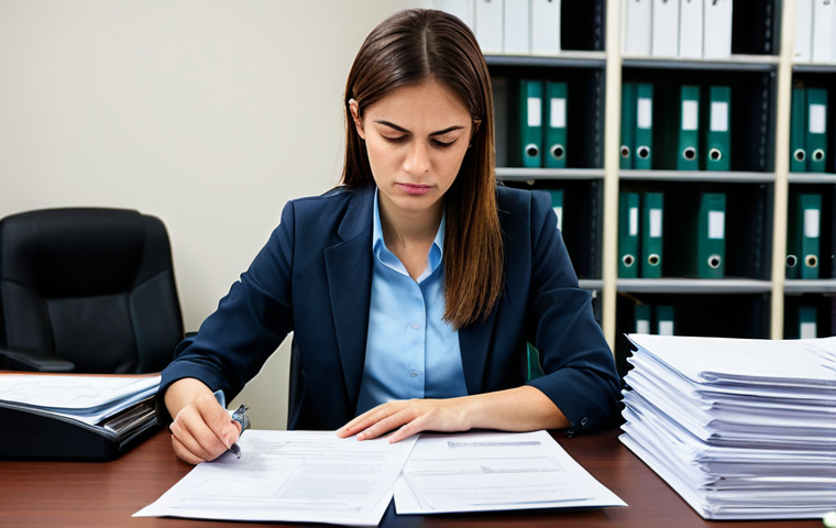 A professional photographer, fully clothed in modest business casual attire, seated at a desk in a government office. They are carefully examining a stack of official documents and permits, with a focused and determined expression. The desk is cluttered with paperwork, hinting at administrative challenges. The background shows blurred office elements like filing cabinets and a computer, suggesting a bureaucratic environment. Perfect anatomy, correct proportions, natural pose, well-formed hands, proper finger count, natural body proportions, professional photography, high quality, realistic, safe for work, appropriate content, fully clothed, professional.