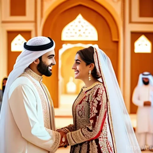 사진 자격증 이직 후 연봉 협상 전략 - **Prompt:** A joyous and elegant Arabian wedding scene. A radiant bride and a smiling groom, both in...
