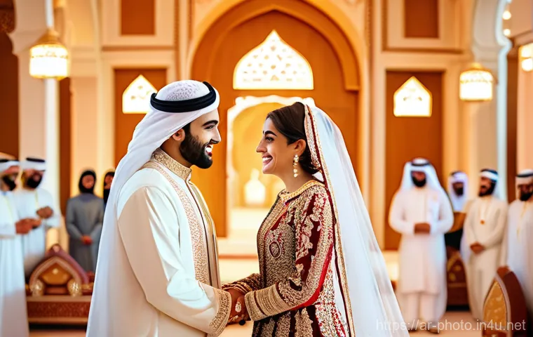 사진 자격증 이직 후 연봉 협상 전략 - **Prompt:** A joyous and elegant Arabian wedding scene. A radiant bride and a smiling groom, both in...