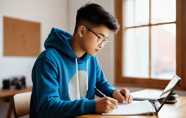 사진 자격증 관련 학습 커뮤니티 추천 - **Prompt:** A young, enthusiastic male student, around 17 years old, is seated at a minimalist desk ...
