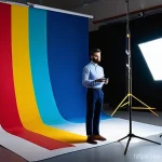 사진 자격증 필기시험 시간 관리 전략 - **Vibrant Color Theory in Photography:** A dynamic, well-lit indoor photography studio scene. A male...