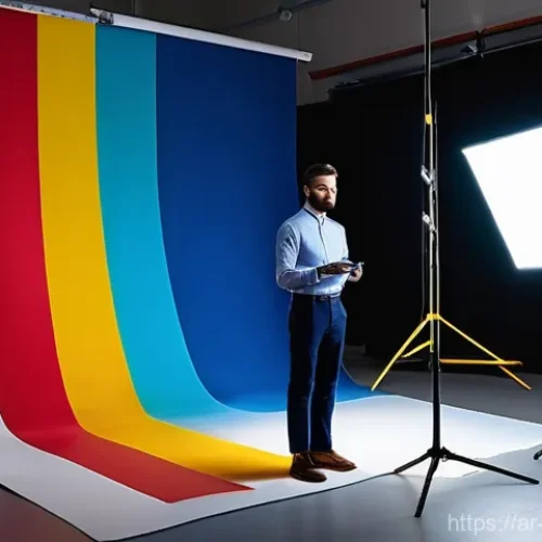 사진 자격증 필기시험 시간 관리 전략 - **Vibrant Color Theory in Photography:** A dynamic, well-lit indoor photography studio scene. A male...