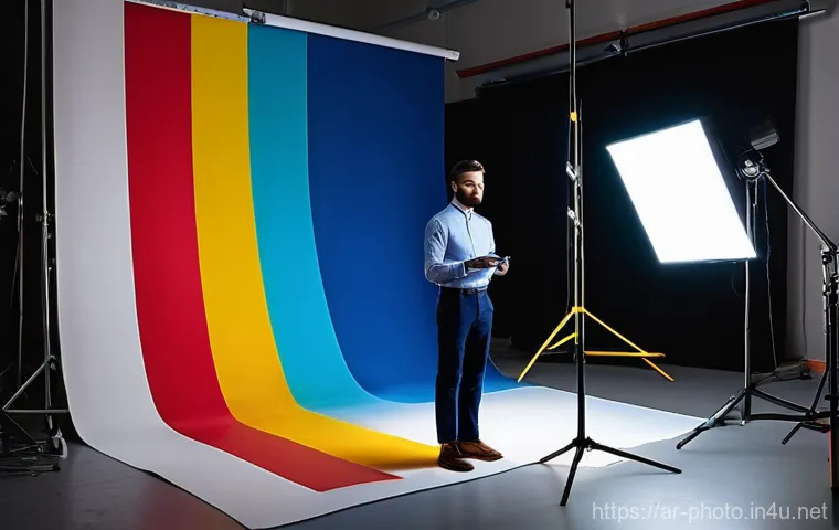 사진 자격증 필기시험 시간 관리 전략 - **Vibrant Color Theory in Photography:** A dynamic, well-lit indoor photography studio scene. A male...