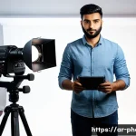 사진 자격증 취득 후 실무 경험 쌓기 - A professional photography studio scene featuring a confident Arab male photographer adjusting advan...