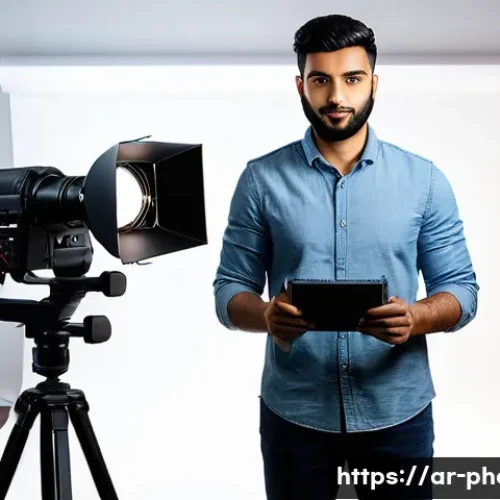 사진 자격증 취득 후 실무 경험 쌓기 - A professional photography studio scene featuring a confident Arab male photographer adjusting advan...