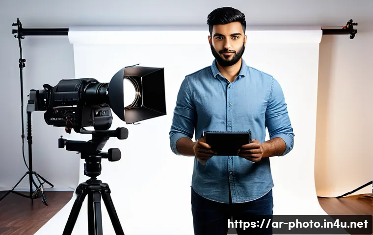 사진 자격증 취득 후 실무 경험 쌓기 - A professional photography studio scene featuring a confident Arab male photographer adjusting advan...