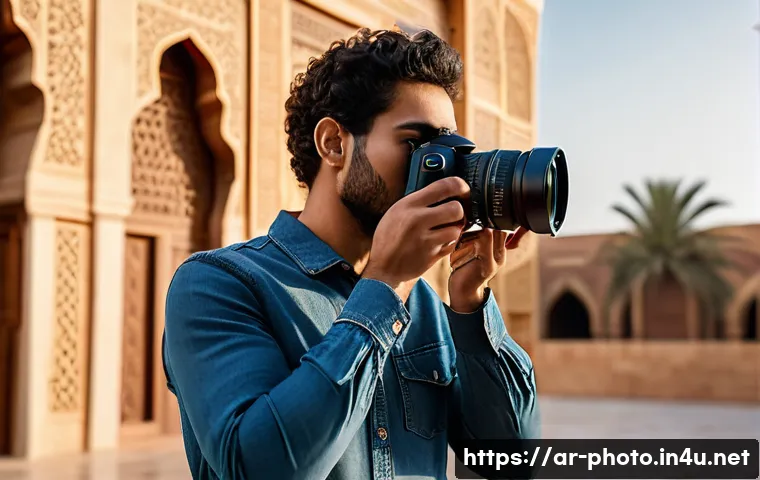 사진 자격증 취득 성공 후기 - A professional Arab male photographer in his late 20s, wearing casual modern clothing and holding a ...