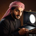 사진 자격증을 통해 얻은 실무 스킬 정리 - A professional Arabic male photographer in traditional attire adjusting studio lighting equipment, s...