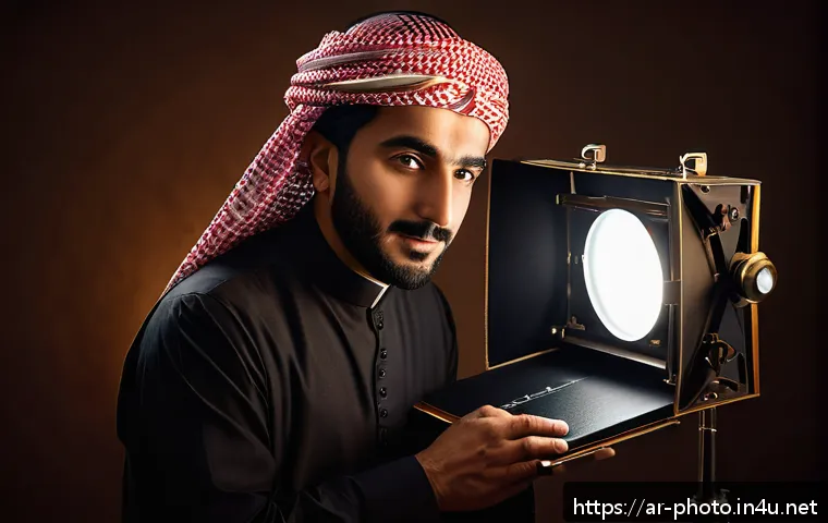 사진 자격증을 통해 얻은 실무 스킬 정리 - A professional Arabic male photographer in traditional attire adjusting studio lighting equipment, s...