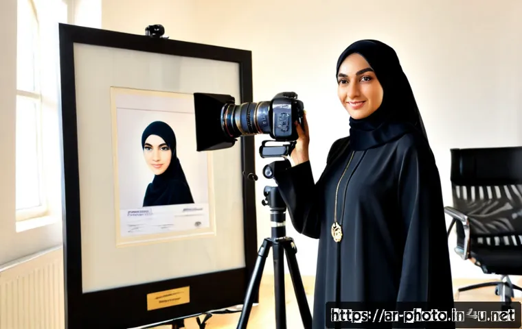 사진 자격증 취득 후 성공적인 직업 생활 - Photorealistic editorial scene of a confident Arab woman photographer in a modest tailored abaya and...