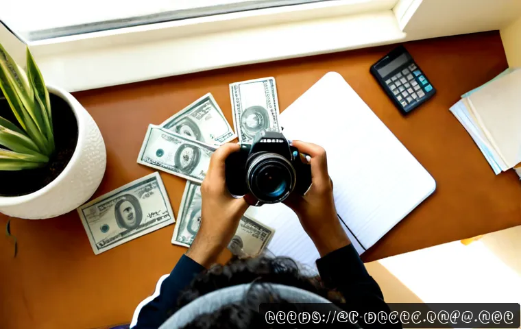 사진 자격증 취득 비용 절약 방법 - Photorealistic overhead view of a young Arab photographer at a tidy home desk, comparing an entry-le...