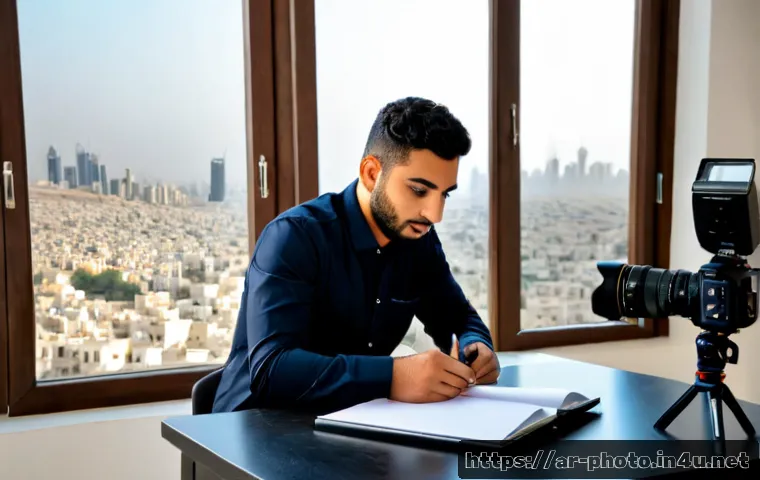 사진 자격증과 관련된 직무 분석 - Photorealistic career analysis scene for photography certification, an Arab professional photographe...